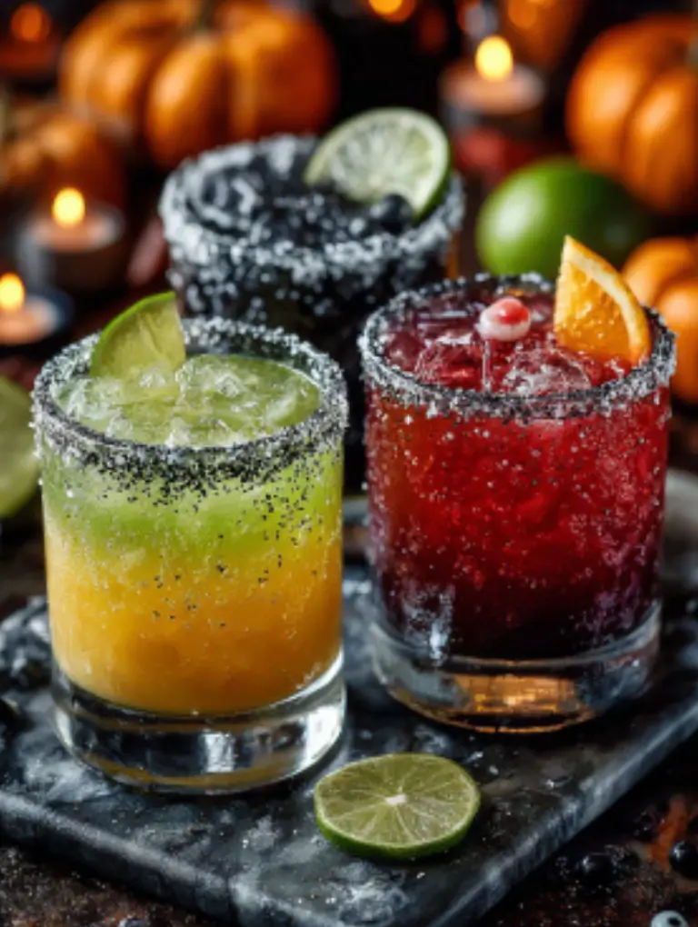 Three Halloween margaritas mocktails served in clear glasses on a marble surface, garnished with citrus slices, candy eyes, and edible glitter.