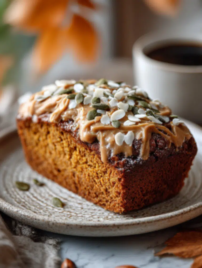 Thick slice of pumpkin bread served with almond butter and pepitas on a plate beside a cup of coffee.