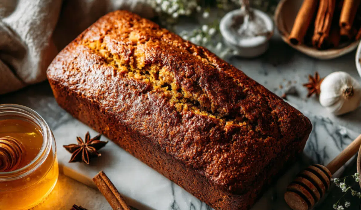 Freshly baked healthy pumpkin bread loaf on marble surface, golden-brown crust, sliced with honey and spices, cozy autumn vibes.