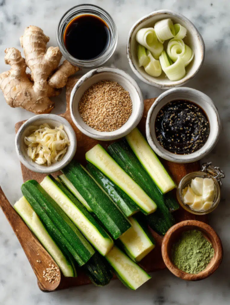Hibachi-Zucchini Fresh zucchini sticks, onions, garlic, ginger, soy sauce, sesame oil, and sesame seeds displayed on a marble surface.