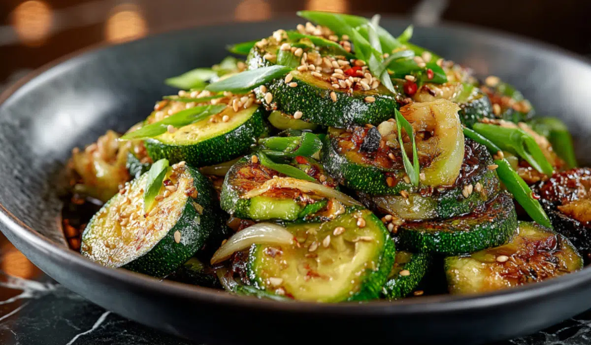 Hibachi zucchini and onions stir-fried with garlic, soy sauce, and sesame seeds served on a marble surface.
