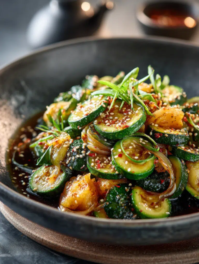Hibachi zucchini served with fried rice, steak, and shrimp on marble with dipping sauces.