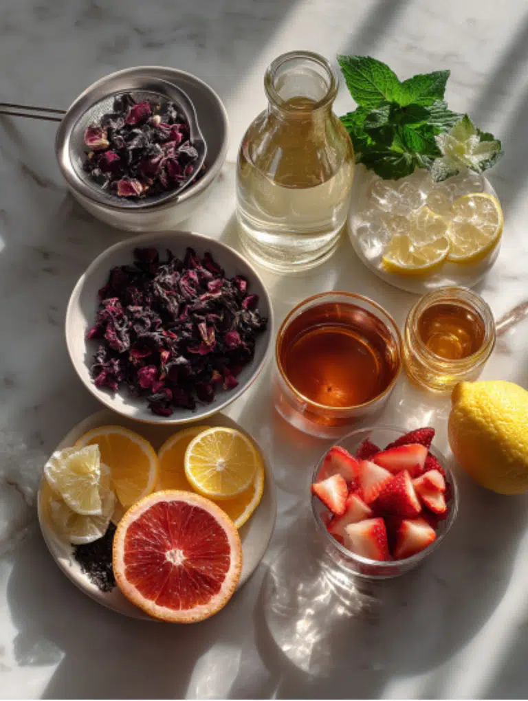 Fresh strawberries, dried hibiscus petals, and citrus slices arranged on a marble counter beside a glass of hibiscus tea.