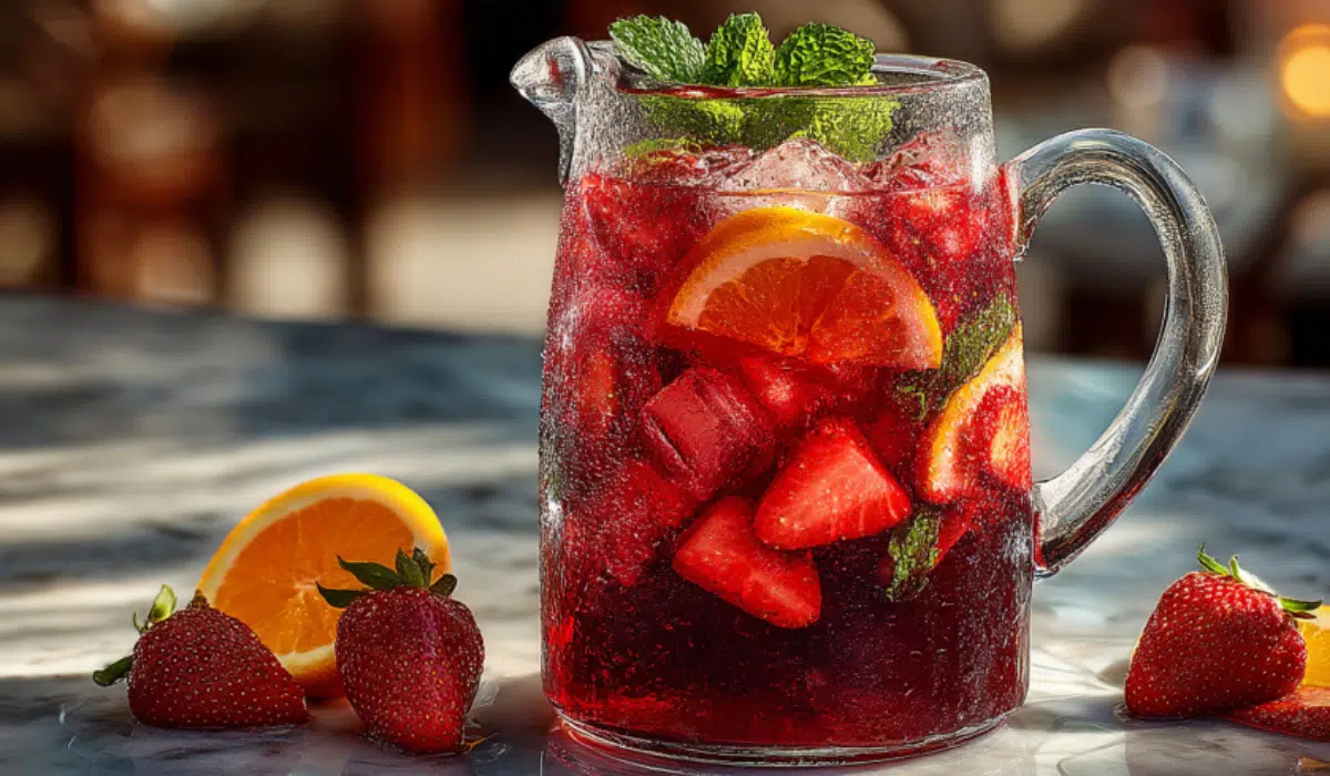 Hibiscus Iced Tea Strawberry Sangria A chilled glass pitcher of hibiscus iced tea strawberry sangria with citrus slices, fresh strawberries, and mint on a marble surface.