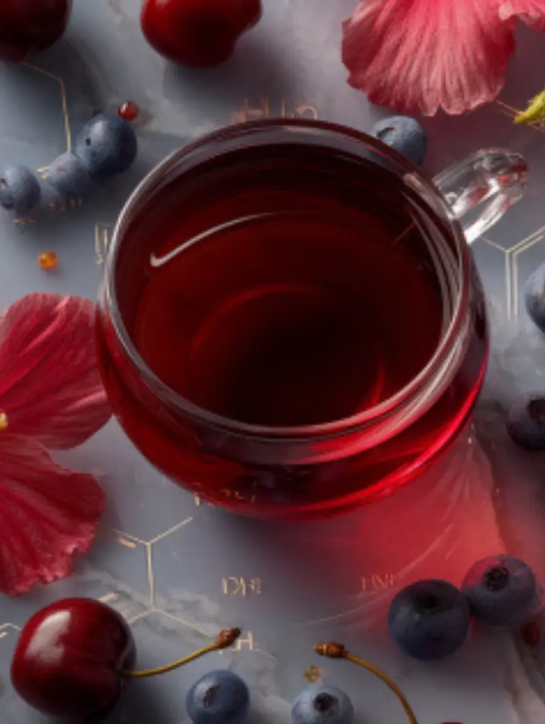 Steaming cup of hibiscus tea with dried petals and cultural world map backdrop.