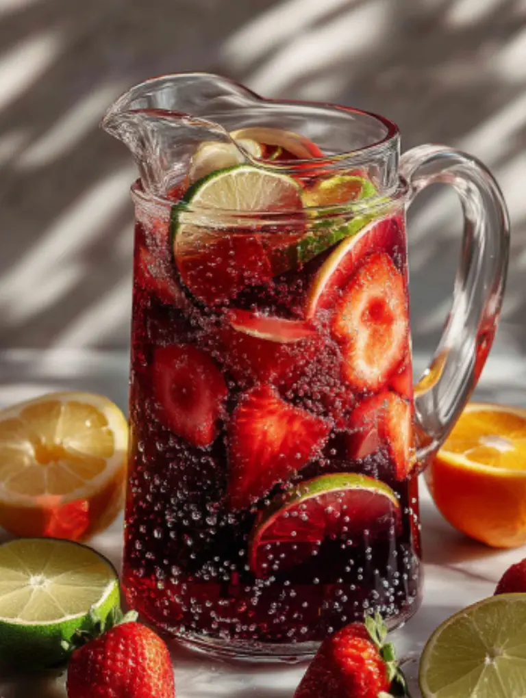 Pitcher of hibiscus iced tea sangria with strawberries, citrus, and sparkling water.