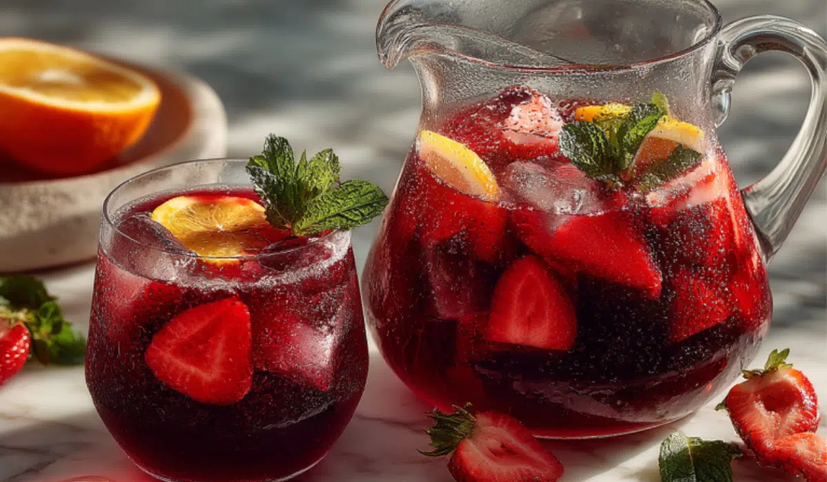 Glass pitcher of ruby hibiscus iced tea strawberry sangria with ice, citrus slices, mint, and two glasses on white marble.
