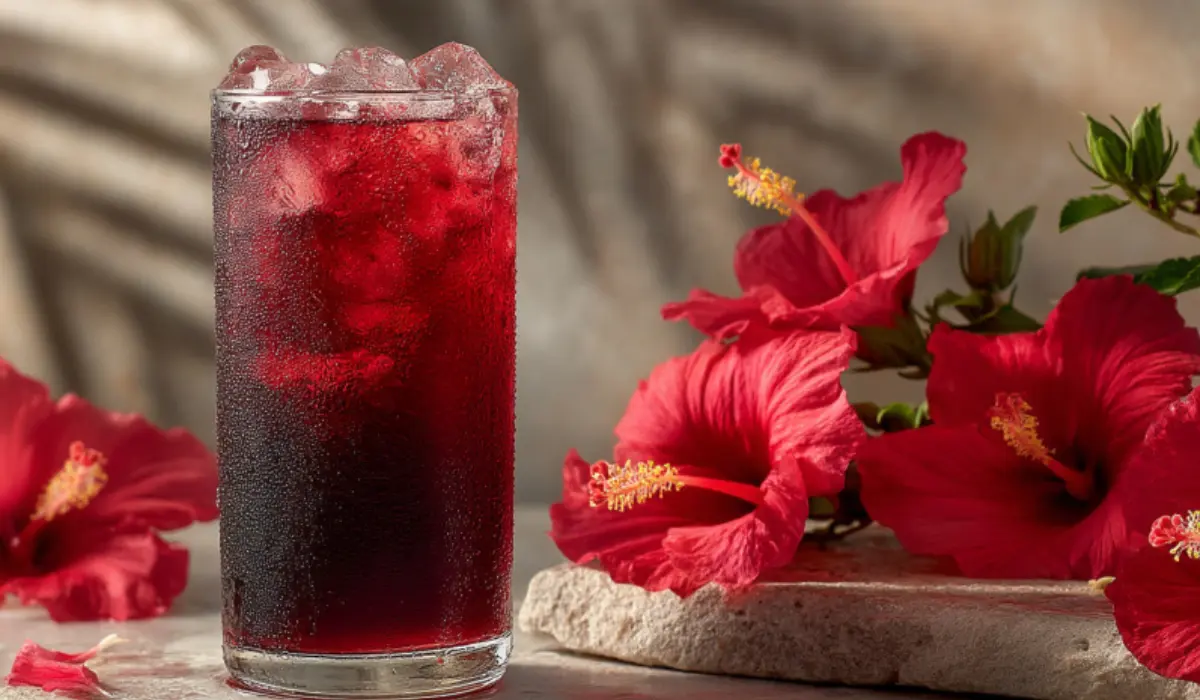Glass of iced hibiscus tea with ruby-red color and fresh petals on marble surface.