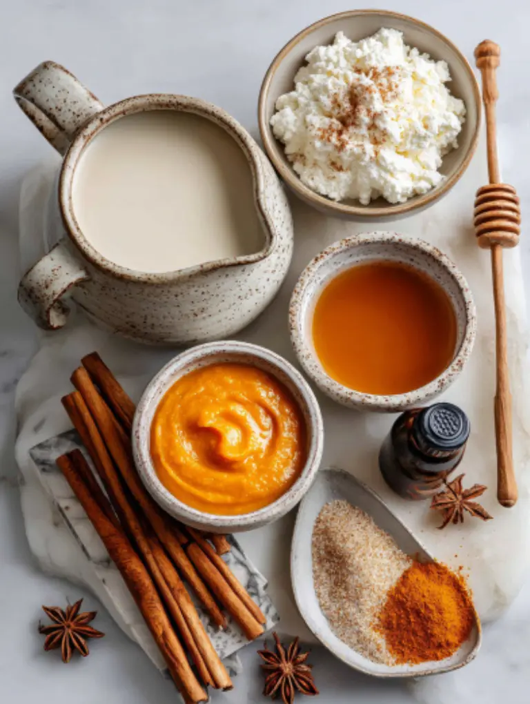 Ingredients for pumpkin spice coffee creamer neatly arranged on a marble surface: cream, pumpkin purée, maple syrup, spices, and vanilla.