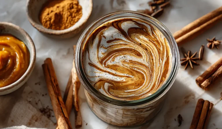 A marble countertop with a glass bottle of homemade pumpkin spice coffee creamer, surrounded by cinnamon sticks, pumpkin purée, and a steaming cup of coffee.