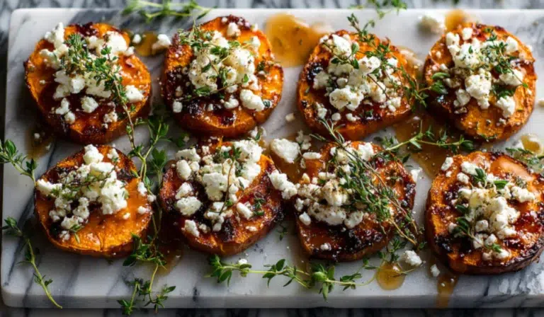 Honey Feta Sweet Potato Rounds appetizer on a marble platter topped with feta, honey drizzle, and fresh herbs.