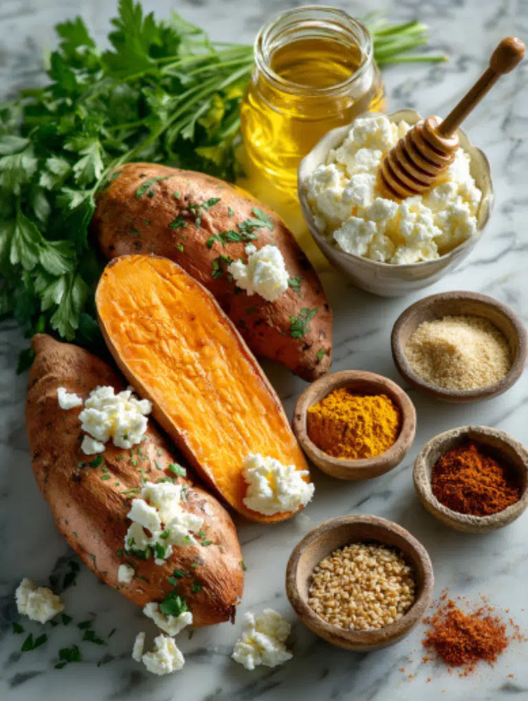 Flat lay of sweet potatoes, feta cheese, honey jar, olive oil, fresh parsley, and spices arranged on a marble surface.