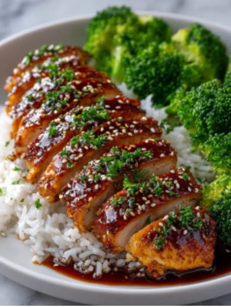 Sliced honey garlic chicken breasts plated with rice and broccoli.