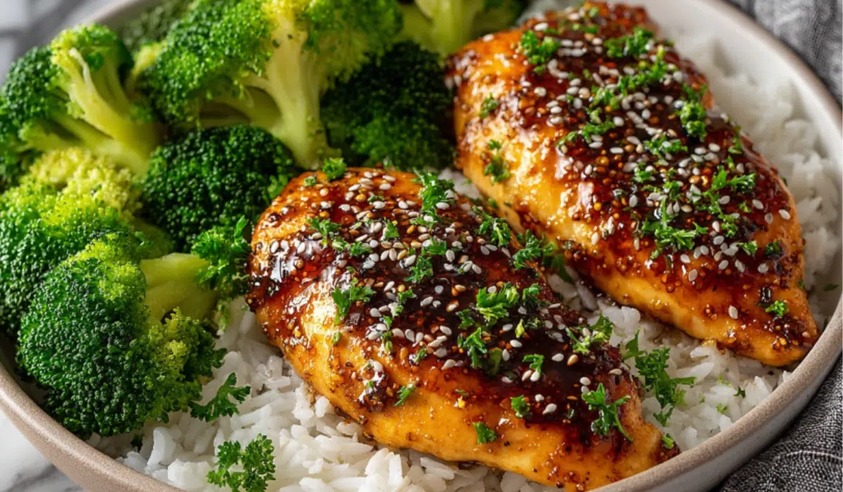 Glossy hHoney Garlic Chicken Breasts served with rice and broccoli on a marble countertop.