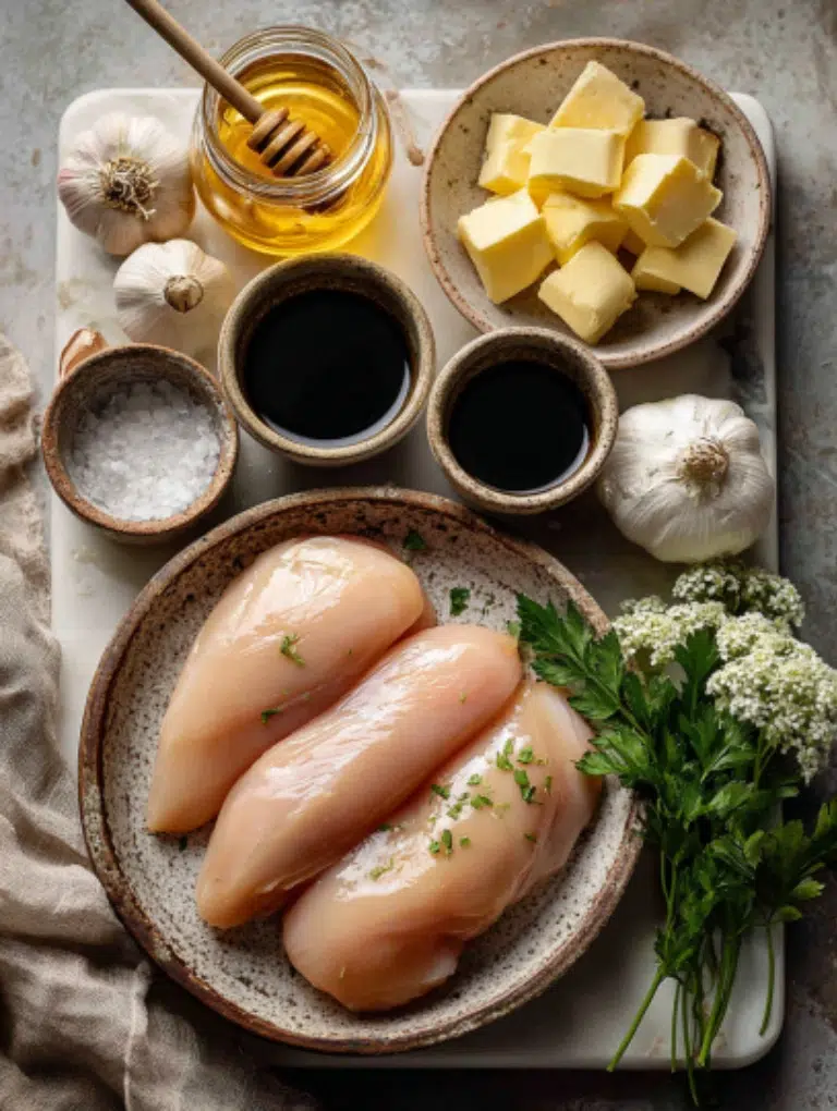 Raw Honey Garlic Chicken Breasts, garlic, soy sauce, vinegar, butter, and parsley laid out on a marble counter.