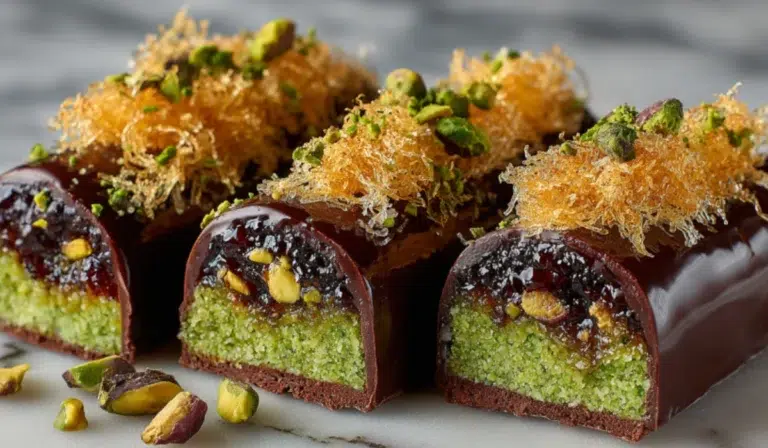 Luxurious Dubai chocolate bars sliced open to reveal pistachio-tahini cream and crunchy kataifi pastry layers on a marble surface.