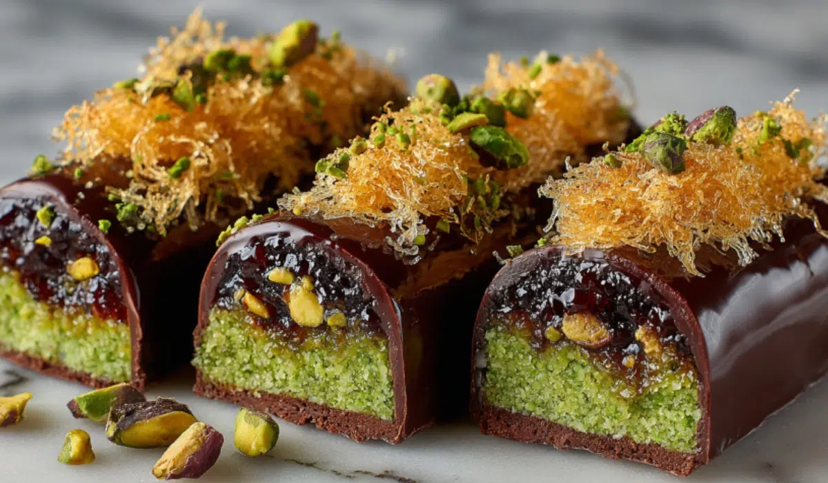 Luxurious Dubai chocolate bars sliced open to reveal pistachio-tahini cream and crunchy kataifi pastry layers on a marble surface.