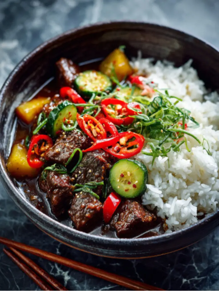 Japanese beef curry served beside steamed white rice in a bowl, topped with pickles, styled on a marble surface with chopsticks.