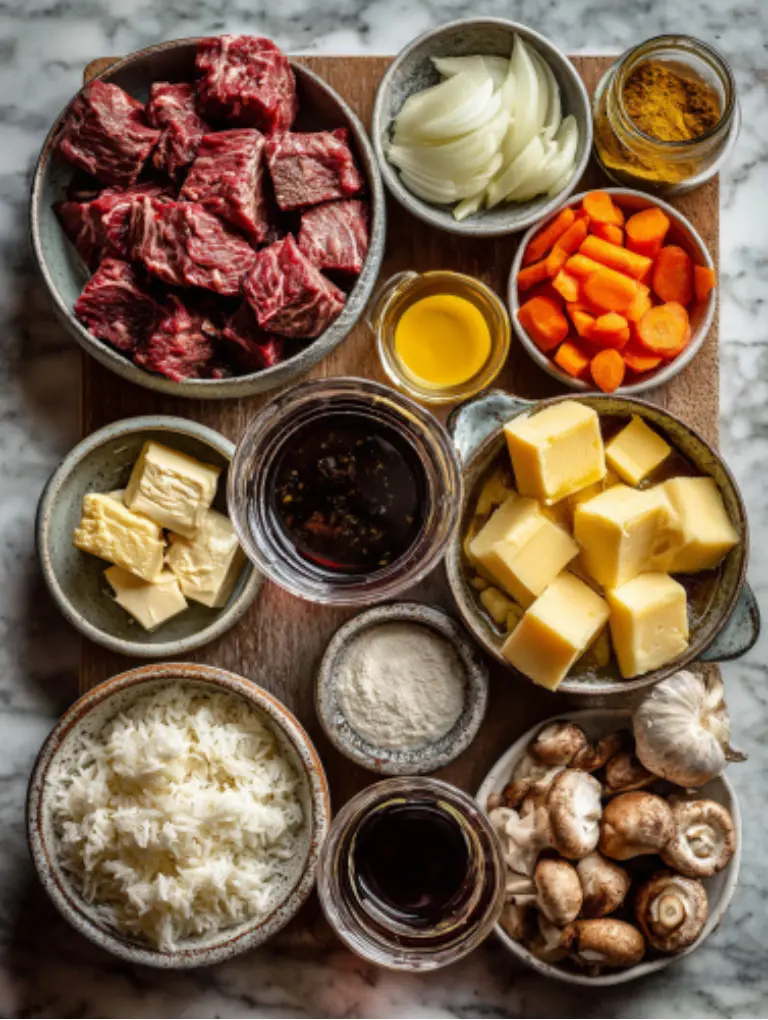 Flat lay of Japanese beef curry recipe ingredients including beef chuck cubes, onions, potatoes, carrots, mushrooms, garlic, ginger, curry roux, spices, and rice arranged on a marble surface.