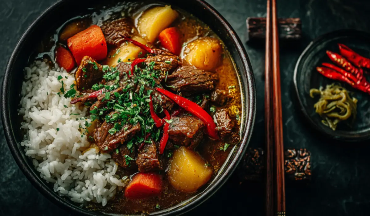 A steaming bowl of Japanese beef curry Recipe with tender beef, carrots, potatoes, and rich curry sauce served beside fluffy white rice on a marble surface.