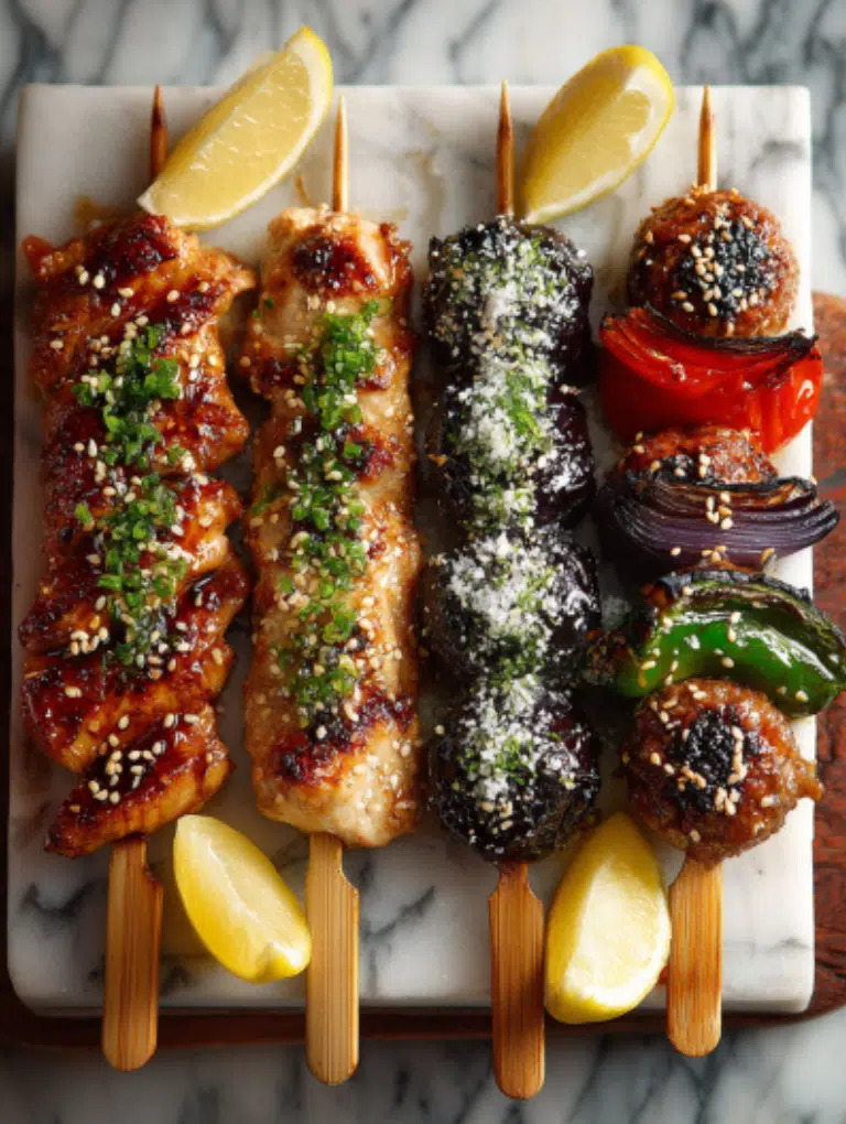 Variety of yakitori skewers—chicken tare, shio, tsukune, and vegetable skewers on marble.