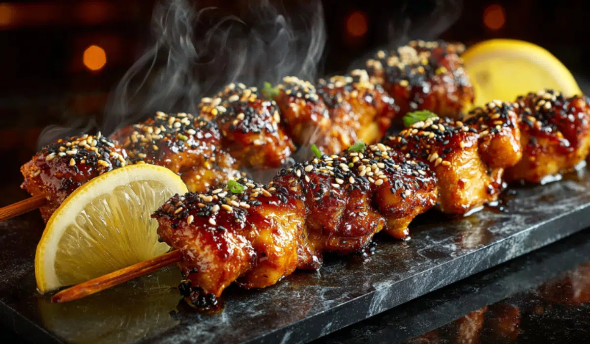 Glossy Japanese chicken yakitori Recipe skewers on marble with sesame seeds and lemon wedges.