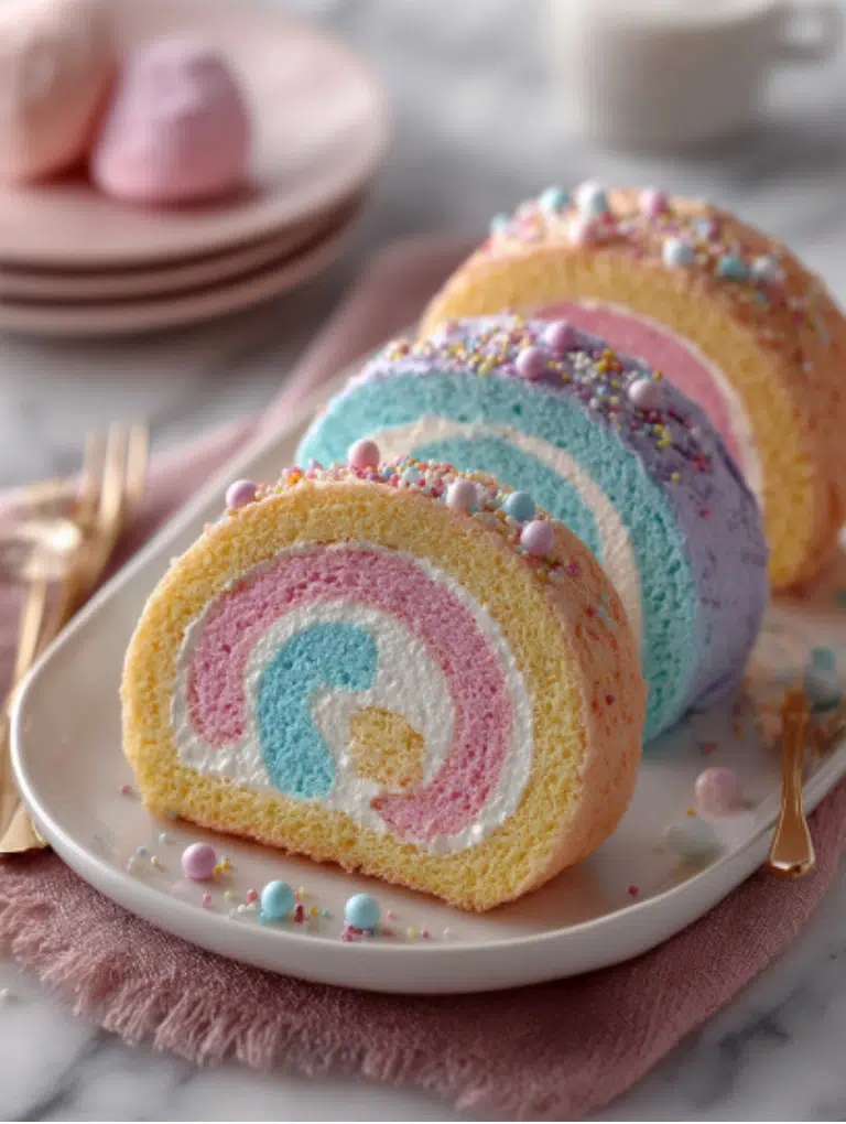 Neatly sliced Japanese cotton candy Swiss roll with pastel swirl, topped with tufts of cotton candy and sprinkles.