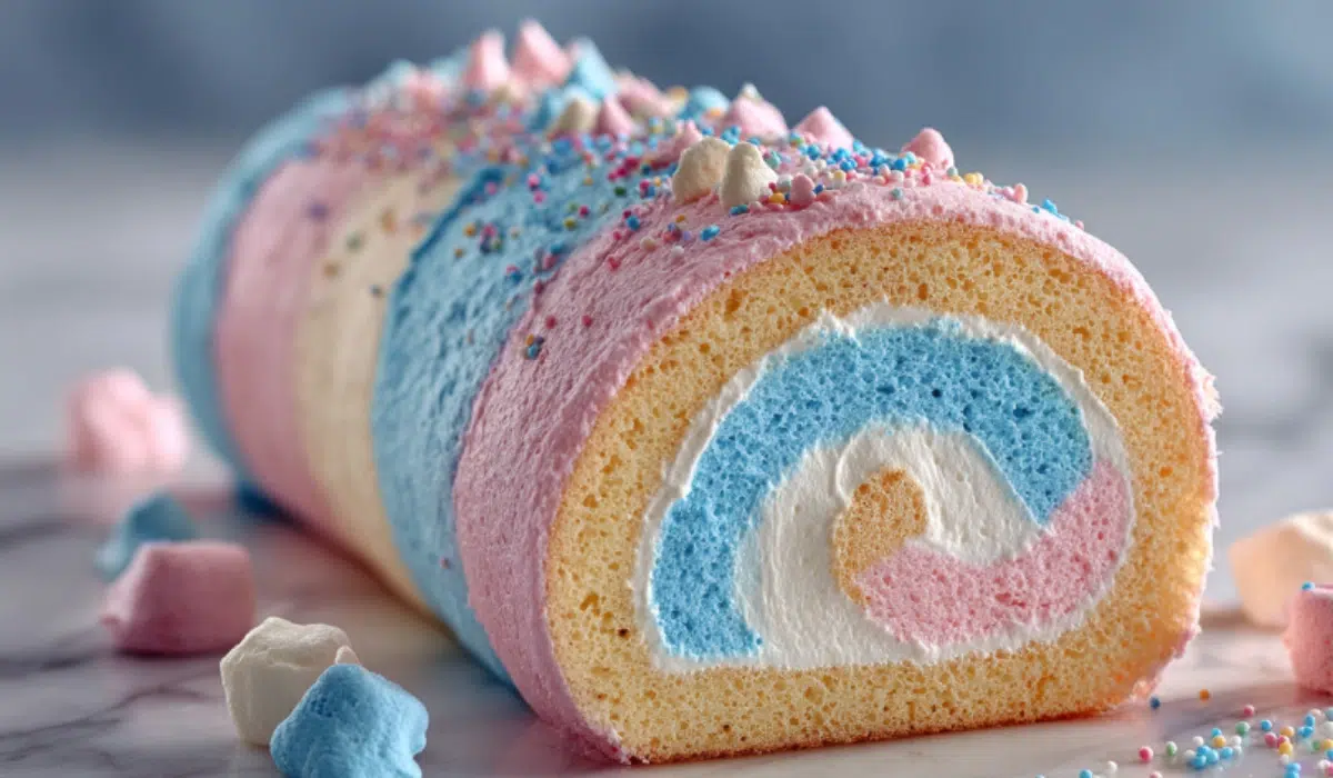 Pastel Japanese cotton candy Swiss cake roll with fluffy cream filling and a swirl design on white marble surface.