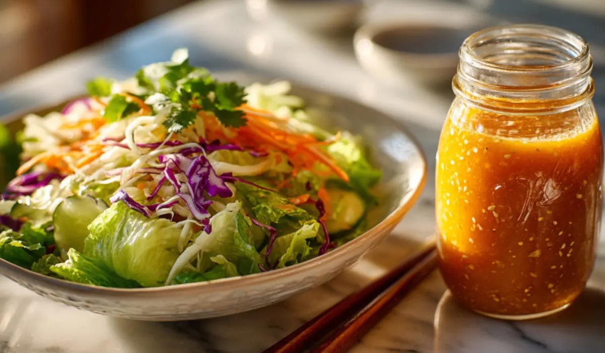 Glass jar of bright orange Japanese ginger salad dressing with a crisp iceberg lettuce salad on marble background, chopsticks on the side.