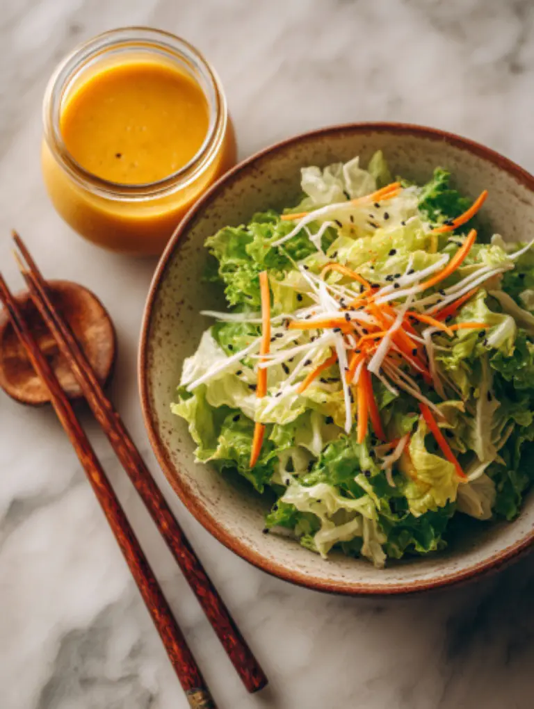Japanese ginger salad dressing drizzled over a crisp salad, grilled chicken, and a colorful grain bowl, served on marble with chopsticks.