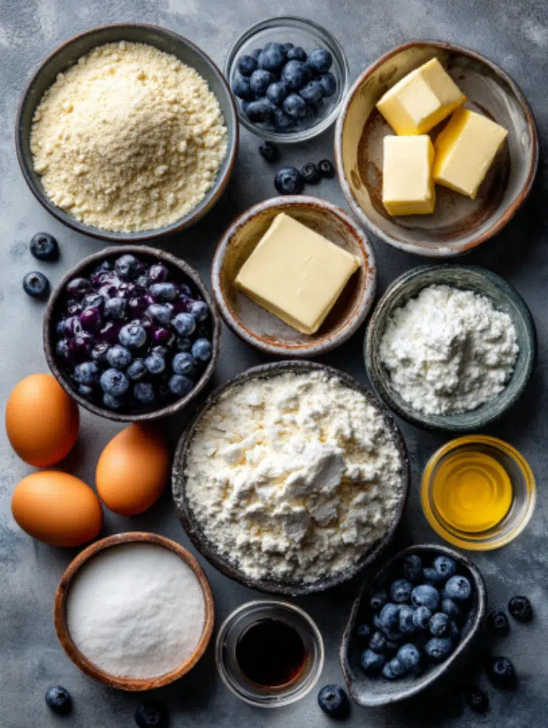Top-down view of keto blueberry muffin ingredients including almond flour, cream cheese, eggs, butter, and blueberries on a gray kitchen countertop.