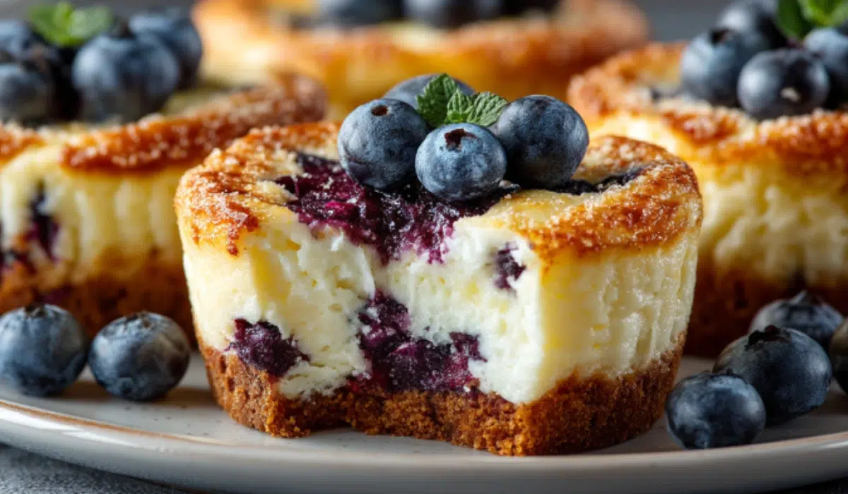 Keto Blueberry Muffin with Cream Cheese centers on a white plate, surrounded by fresh blueberries on a gray kitchen countertop.