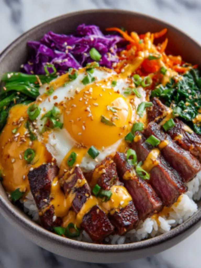 Served Korean BBQ steak rice bowls with chopsticks, kimchi, cucumber salad, and side dishes on a marble dining table.
