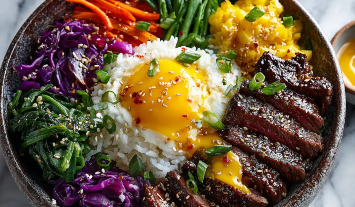 Korean BBQ Steak Rice with Spicy Cream Sauce, fresh vegetables, fried egg, and spicy creamy gochujang sauce on marble surface.