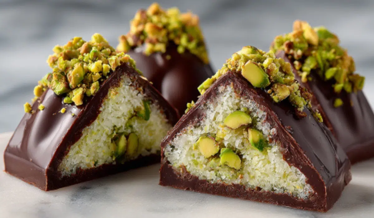 Labubu Chocolate Dubai Glossy Labubu-shaped chocolates with pistachio kataifi filling on a marble surface.