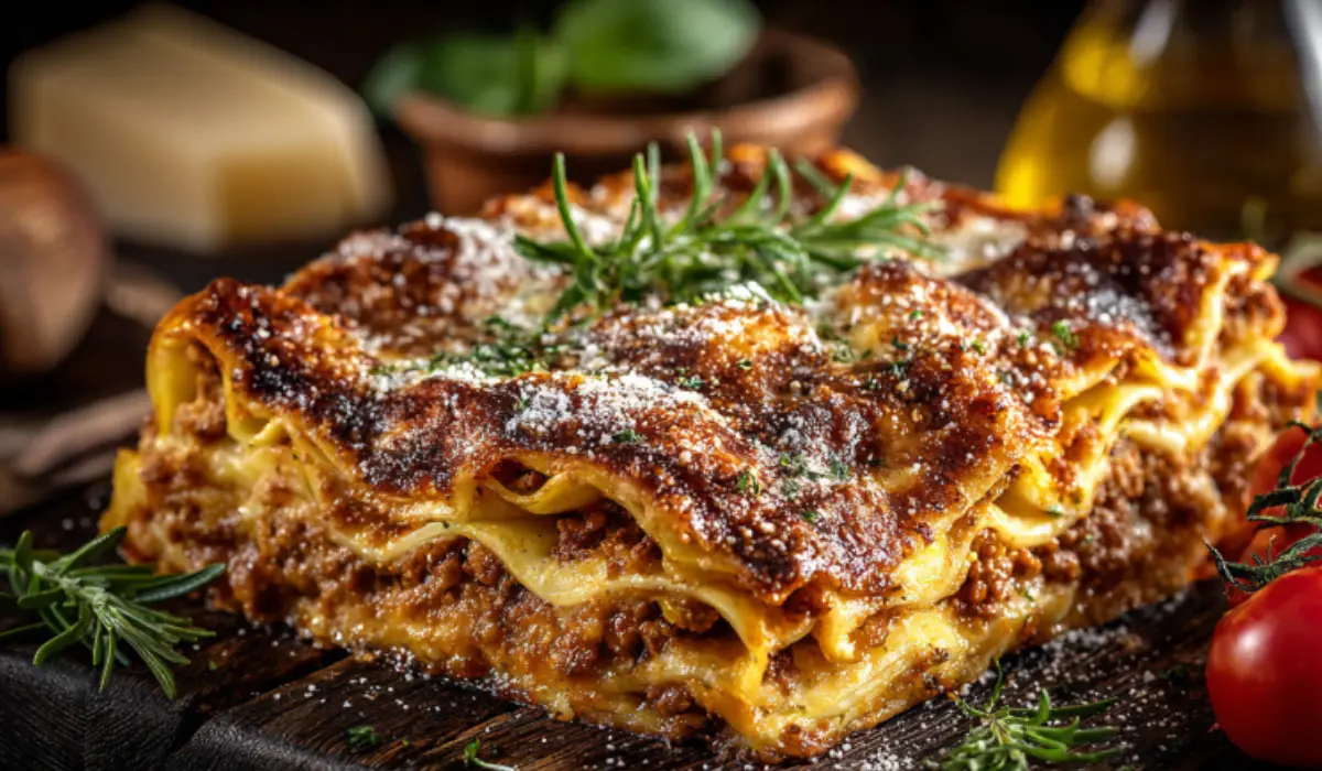 Lasagna with béchamel sauce Golden baked lasagna with creamy béchamel, ragù layers, and Parmesan in a rustic Italian kitchen