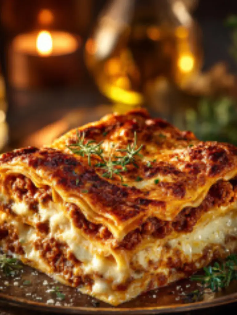 Family-style serving of lasagna with plated slices, parsley garnish, red wine, and Parmesan on a cozy dinner table
