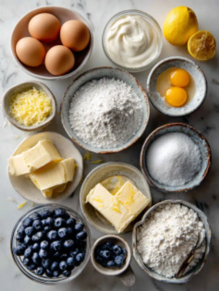 Lemon Blueberry Sheet Cake Flat lay of measured baking ingredients for lemon blueberry sheet cake on a marble surface.