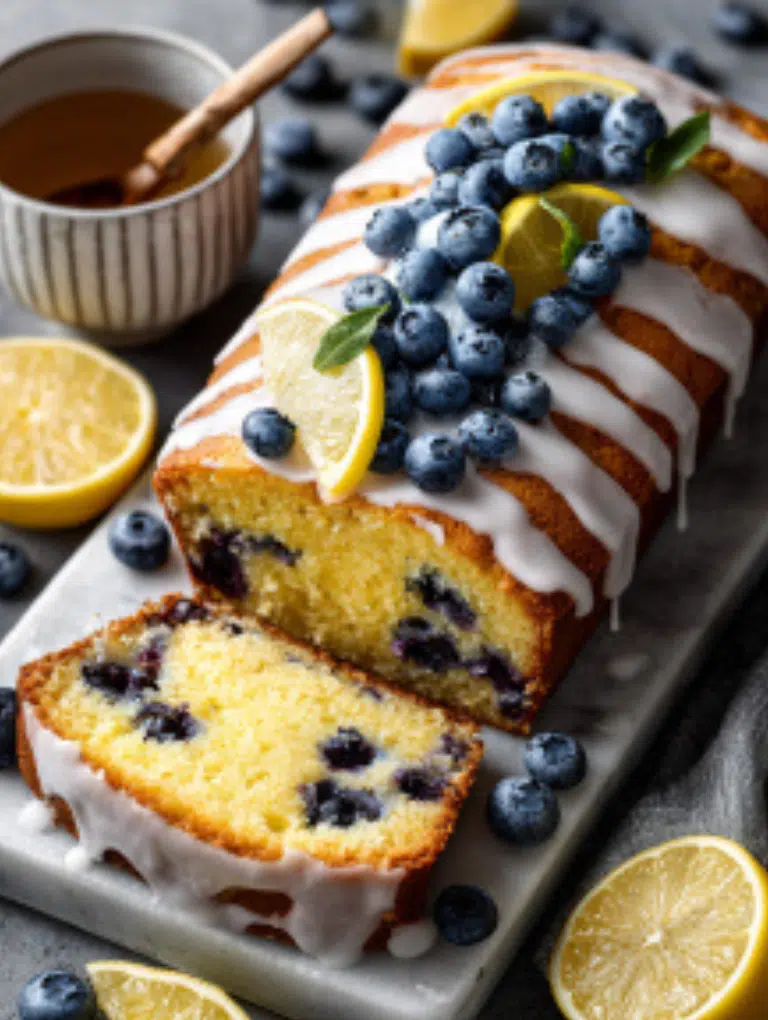 Sliced lemon blueberry sheet cake on a marble platter, garnished with fresh blueberries and lemon slices.