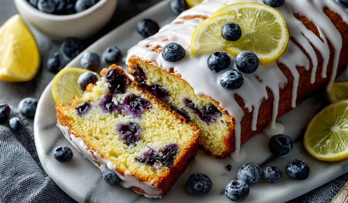 Lemon Blueberry Sheet Cake Golden lemon blueberry sheet cake topped with a glossy lemon glaze, fresh blueberries, and lemon slices on a marble surface.