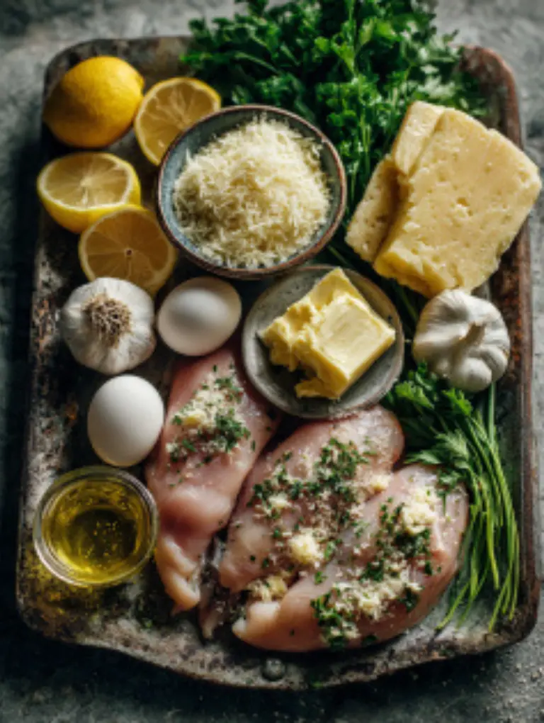 Lemon Chicken Recipe with Lemon Butter SauceFlat lay of chicken breasts, Parmesan, garlic, eggs, lemons, parsley, butter, and olive oil on marble surface.