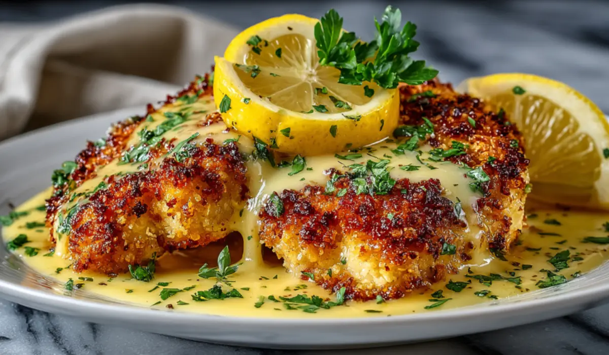 Lemon Chicken Recipe with Lemon Butter Sauce Crispy golden Parmesan-crusted lemon chicken topped with silky lemon butter sauce and fresh lemon wedges on marble plate.