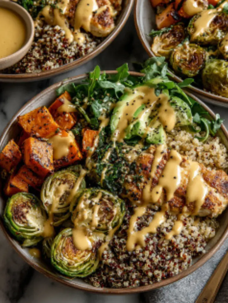 Meal prep containers filled with maple dijon chicken, roasted vegetables, quinoa, and fresh greens, stacked neatly on a marble counter.