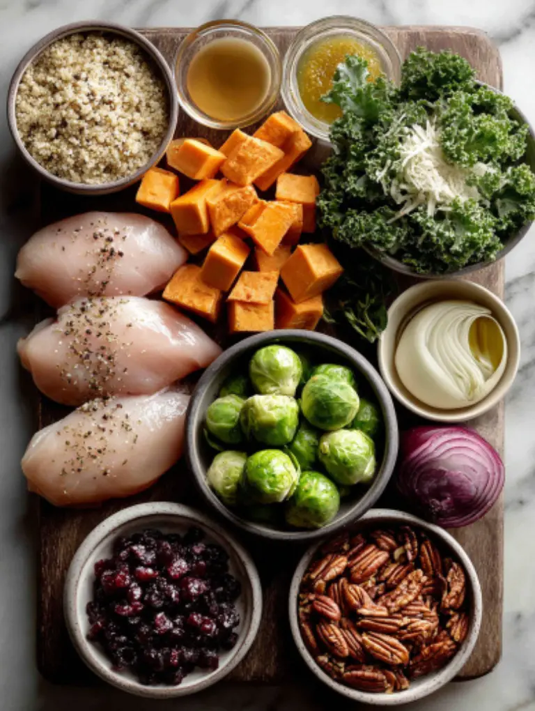 Flatlay of fresh ingredients for maple dijon chicken bowls including raw chicken breasts, cubed sweet potatoes, halved Brussels sprouts, sliced red onion, quinoa, mustard, maple syrup, olive oil, and fresh greens.