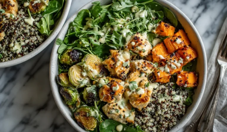 Overhead shot of maple dijon chicken and sweet potato bowls with quinoa, greens, roasted vegetables, and tangy dressing on marble surface.