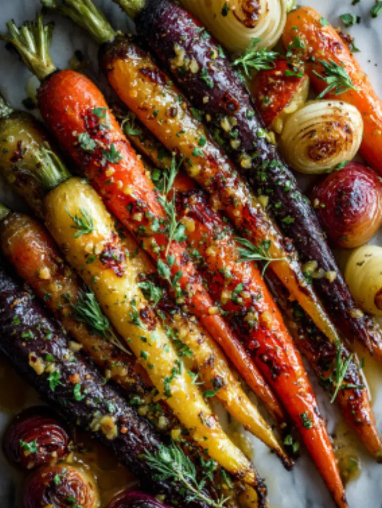 Roasted carrots and apples served with roasted chicken, quinoa, pecans, and crumbled feta on a holiday table.
