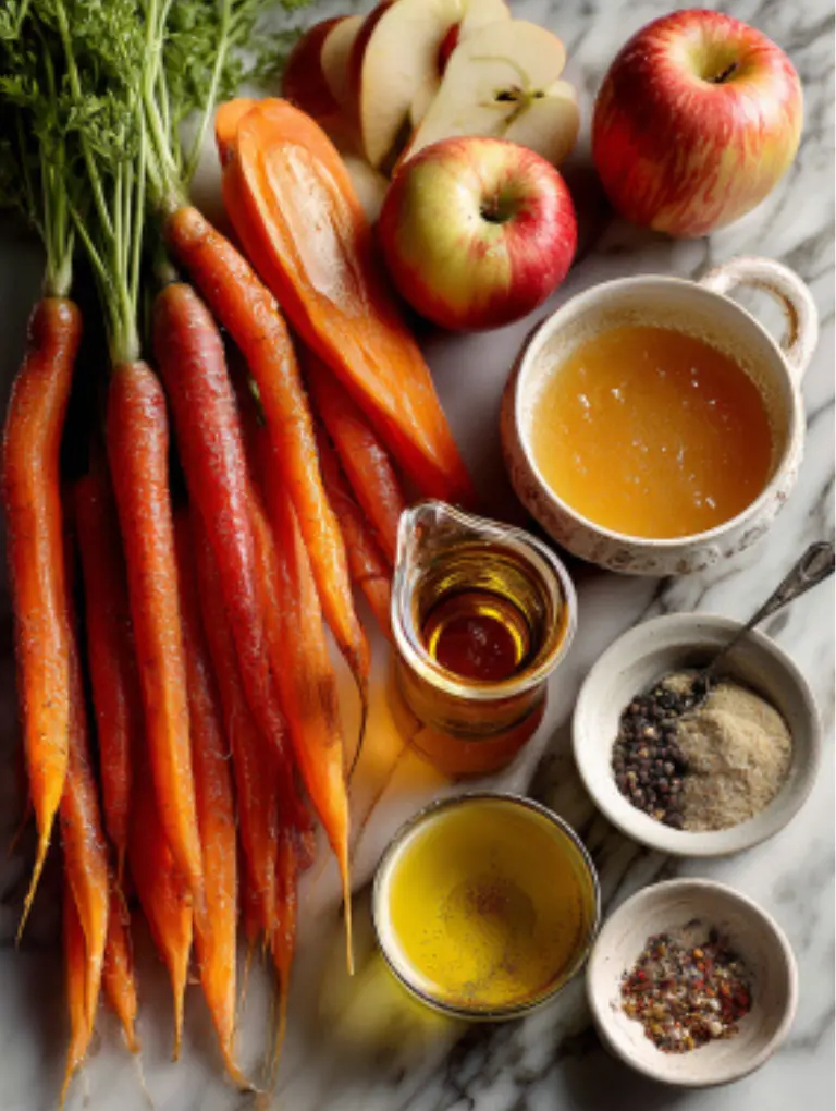 Flat lay of fresh carrots, crisp apples, maple syrup, Dijon mustard, olive oil, and spices arranged neatly on a marble kitchen counter.