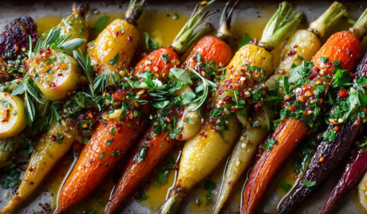 Roasted carrots and apples on a marble surface coated in a glossy maple Dijon glaze with caramelized edges and fresh herbs.