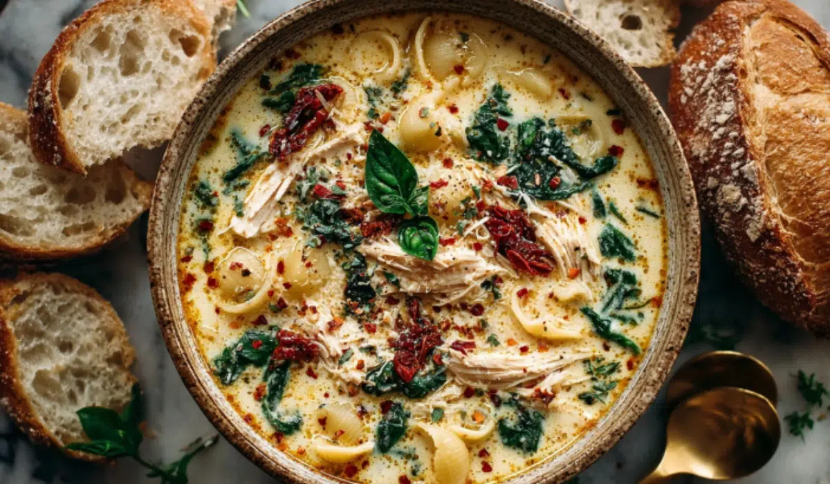 Creamy Marry Me Chicken Soup in a white bowl, topped with parmesan, basil, and red pepper flakes, served with crusty bread on a marble surface.