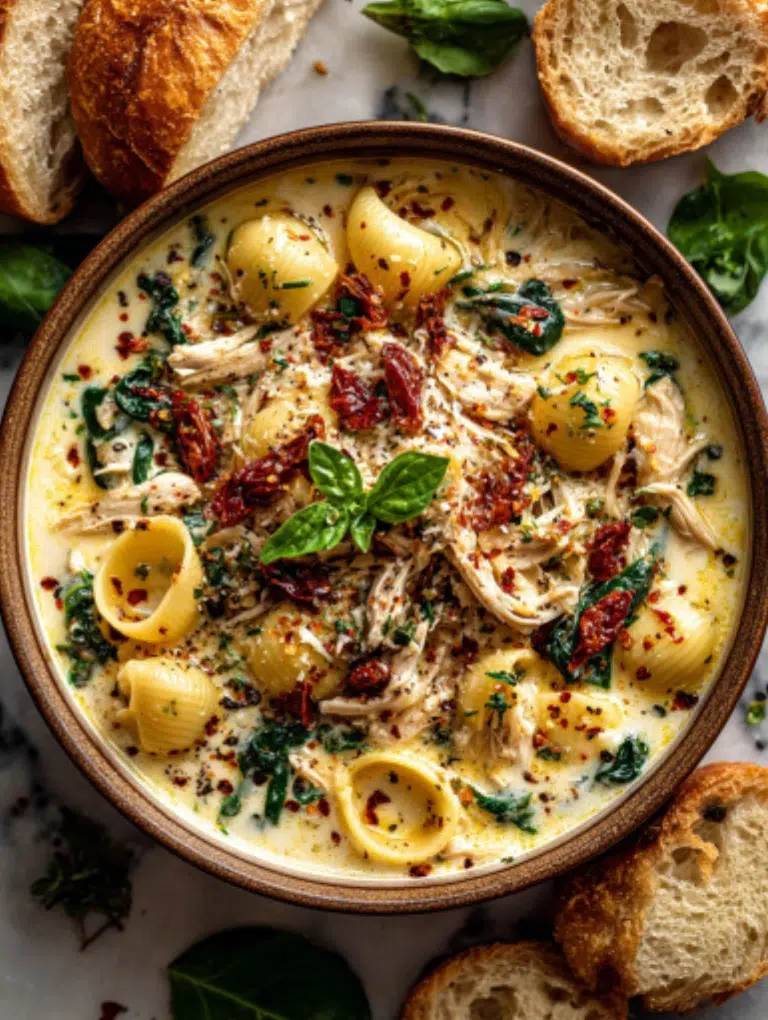 Two bowls of creamy Marry Me Chicken Soup, one in a bread bowl and one in a white ceramic bowl, garnished with basil and parmesan, served with garlic bread and salad.